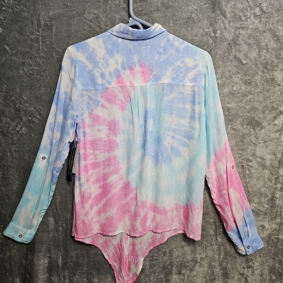 Tribal Jeans Women's P/S Long Sleeve Button Down Shirt tie dye blue pink blouse - Picture 9 of 11